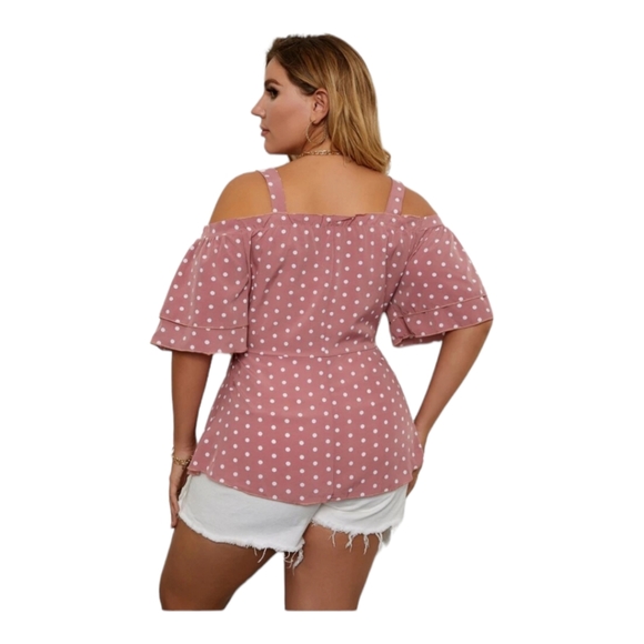 💐SHEIN Dusty Pink Cold Shoulder Polka Dot Belted Blouse (Curve+Plus 1X) - Picture 2 of 4
